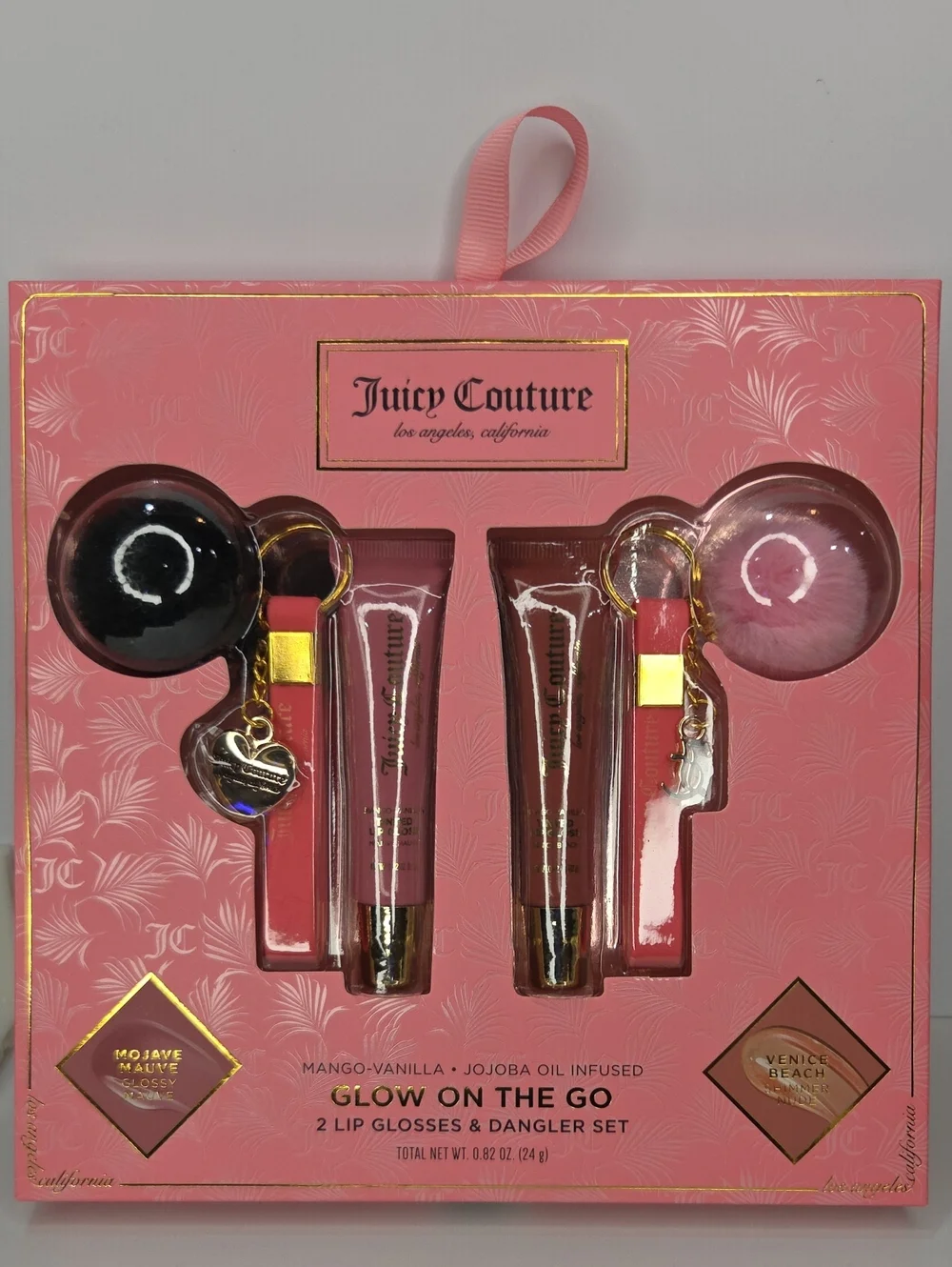 💕▪️Juicy Couture ▪️ 4pc Set 2  Lip Gloss Duo Gift Set with Pom Charms Keychains